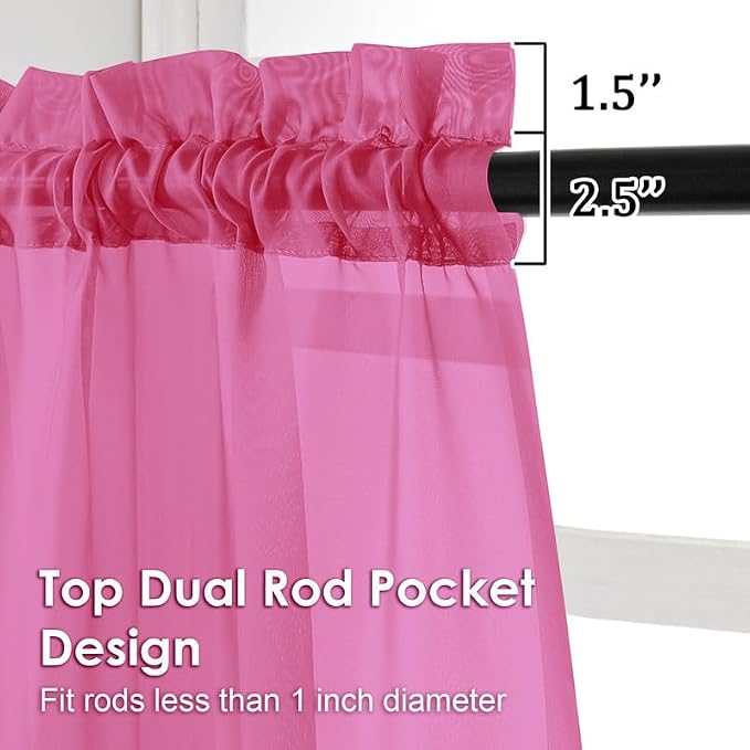 Hot Pink Sheer Curtains 36 inch Length 2 Panels Set, Light Filtering Voile Rod - Image 3