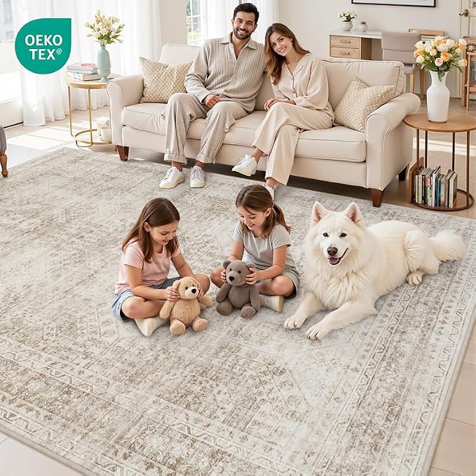 6x9 Area Rugs Living Room: Bedroom Neutral Washable Carpet Brown | Vintage Boho - Image 8