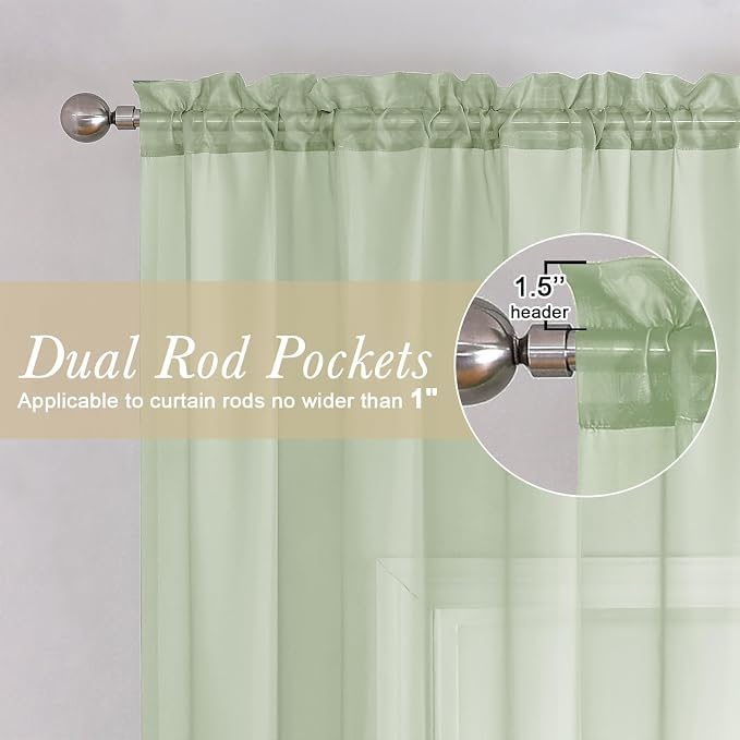 Light Green Sheer Curtains 54 Inch Length 2 Panels, Voile Bedroom Curtains - Image 2