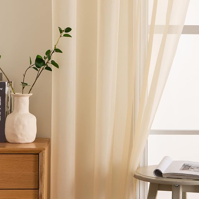 MIULEE Cream Beige Sheer Curtains 54 X 54 Inches, 2 Panels | Solid Color - Image 5