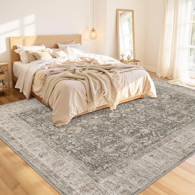 8x10 Area Rugs Living Room: Bedroom Washable Carpet Warm Taupe | Large Vintage - Image 2