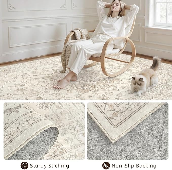 Round Area Rug Living Room: 6ft Washable Carpet Beige White | Vintage Boho - Image 7