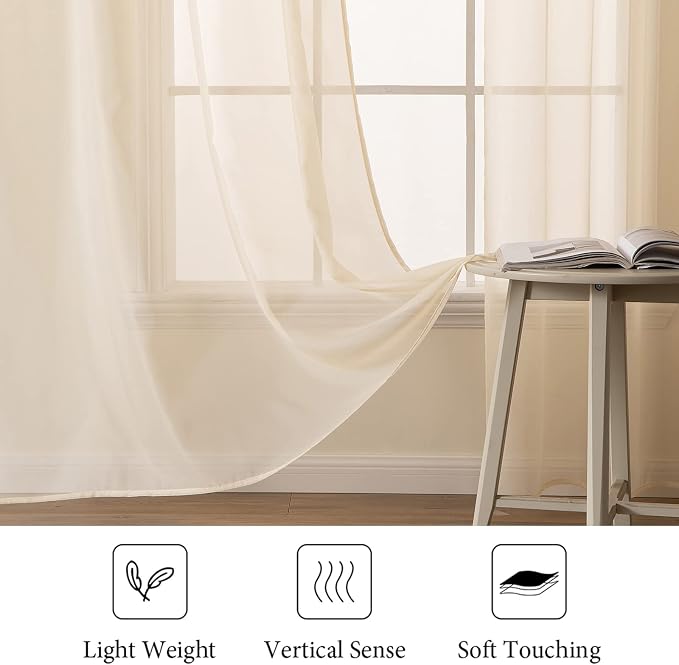 MIULEE Cream Beige Sheer Curtains 54 X 84 Inches, 2 Panels | Solid Color - Image 4