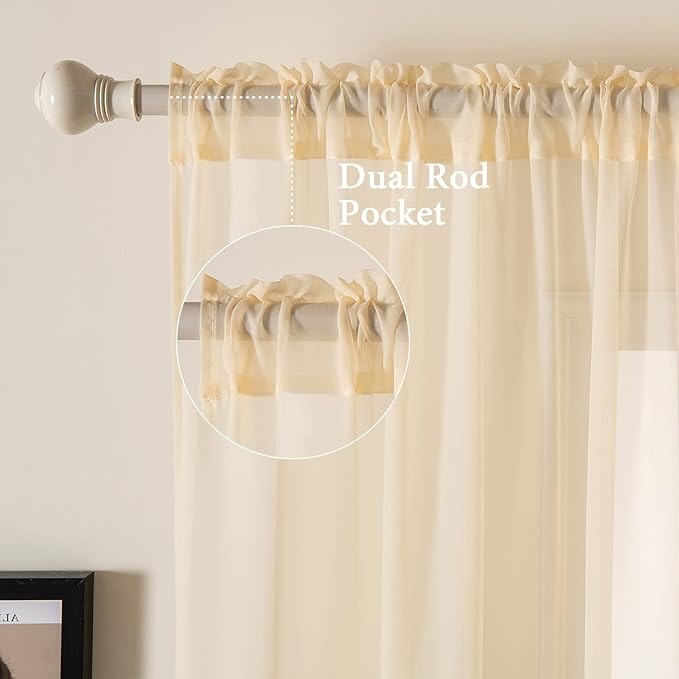 MIULEE Cream Beige Sheer Curtains 54 X 84 Inches, 2 Panels | Solid Color - Image 2