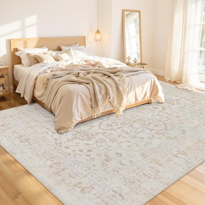 Area Rugs 9x12 Living Room: Bedroom Washable Carpet Warm Beige | Vintage Boho - Image 2