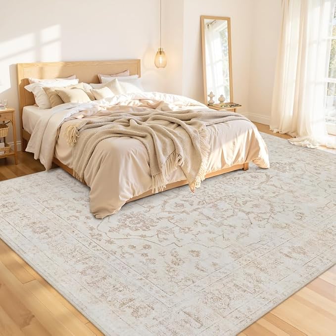 8x10 Area Rugs Living Room: Bedroom Washable Carpet Warm Beige | Vintage Boho - Image 2