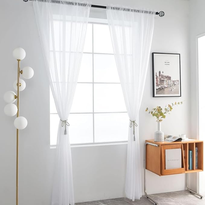 SpaceDresser Sheer White Curtains 4 Panels Rod Pocket Semi-Sheer Curtain 84 - Image 3