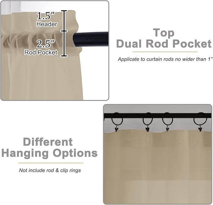 Taupe Sheer Curtains for Bedroom Living Room 45 Inch Length 2 Panels, Soft Airy - Image 4
