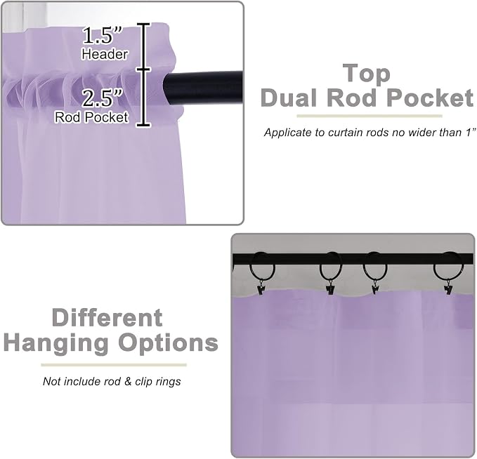 Lavender Sheer Curtains for Bedroom Living Room 45 Inch Length 2 Panels - Image 4