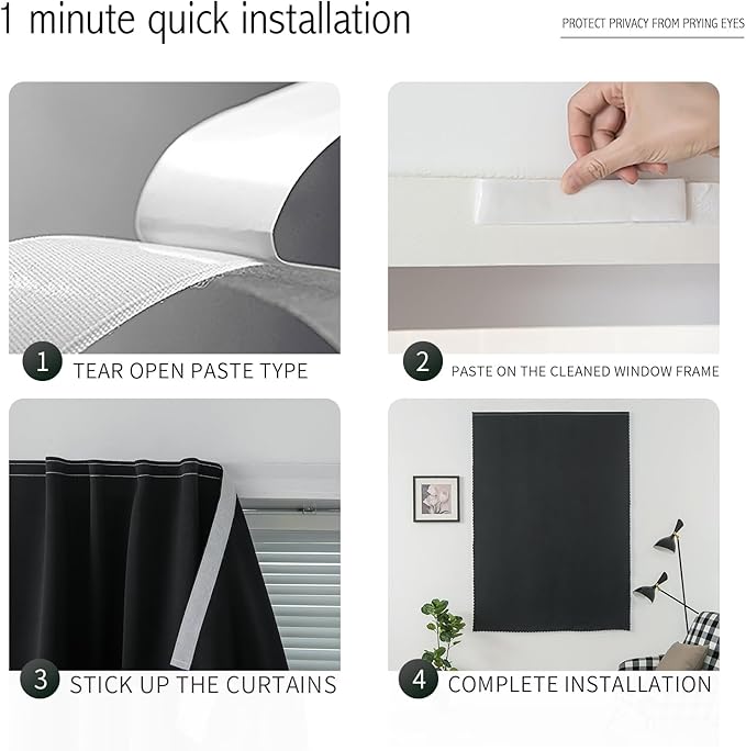 Thermal Blackout Curtains with Self Adhesive Tape No Rod No Drill Easy Install - Image 3