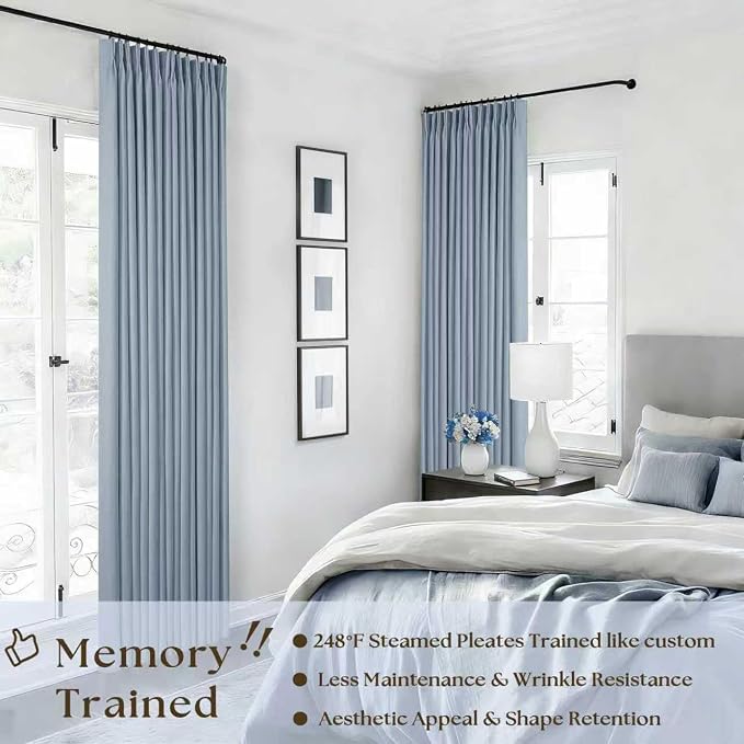Dusty Blue Pinch Pleated 100% Blackout Linen Curtains 84 Inch Long 2 Panels | - Image 2