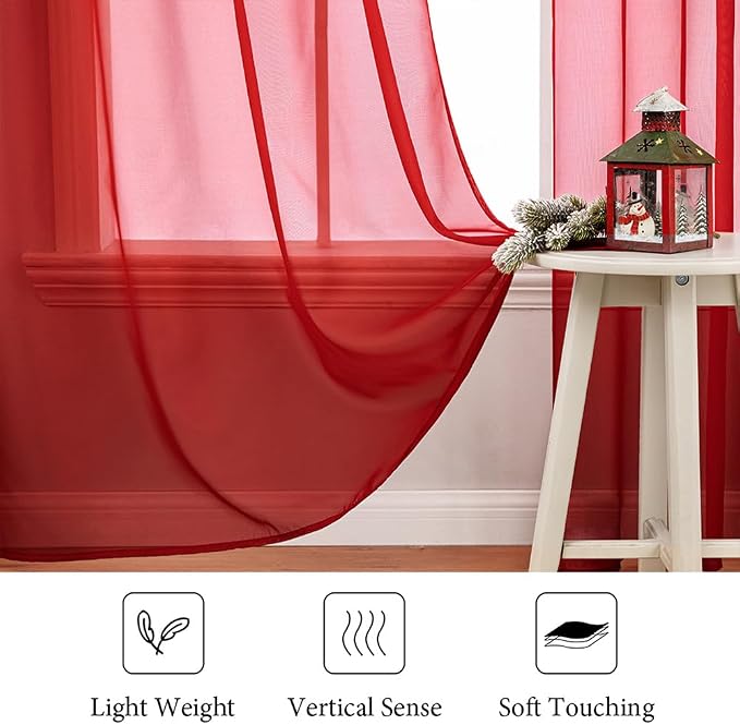 MIULEE 2 Panels Red Sheer Christmas Window Curtains 54 X 96 Inches | Solid Color - Image 6