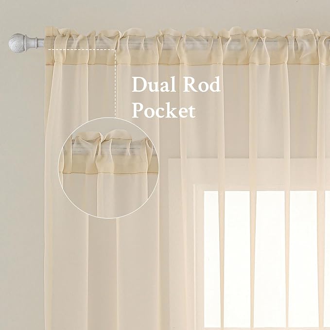 MIULEE 2 Panels Sheer Curtains for Living Room 54 X 54 Inches Cream | Sheer - Image 2