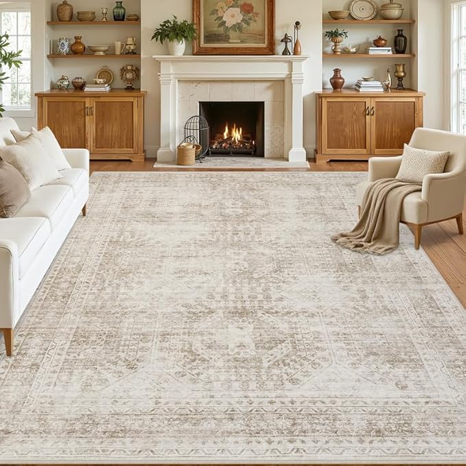 8x10 Area Rugs Living Room: Bedroom Neutral Washable Carpet Brown | Vintage by Luxturiy