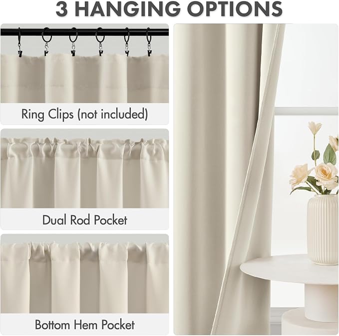 MIULEE Set of 4 Cream Beige 45 Inch Short Blackout Kitchen Window Curtains | - Image 2