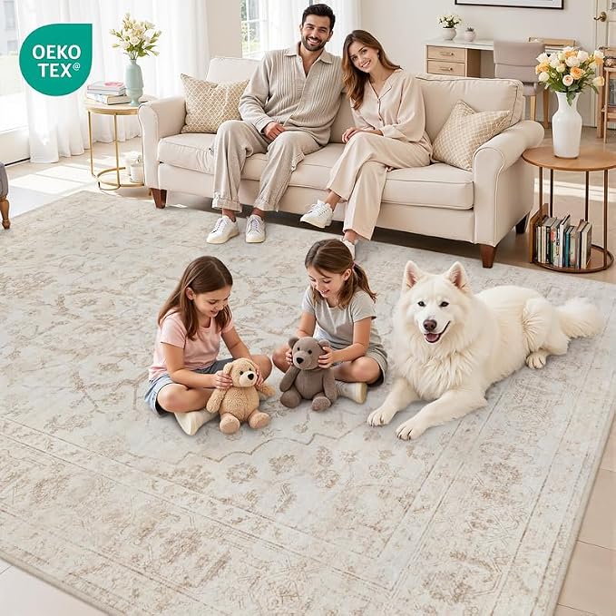 10x12 Area Rugs Living Room: Bedroom Washable Carpet Warm Beige | Vintage Boho - Image 7