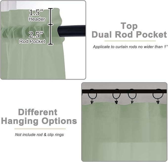 Kitchen Curtains 24 Inch Length Tier 2 Pieces, Sage Green Sheer Curtain Solid - Image 4