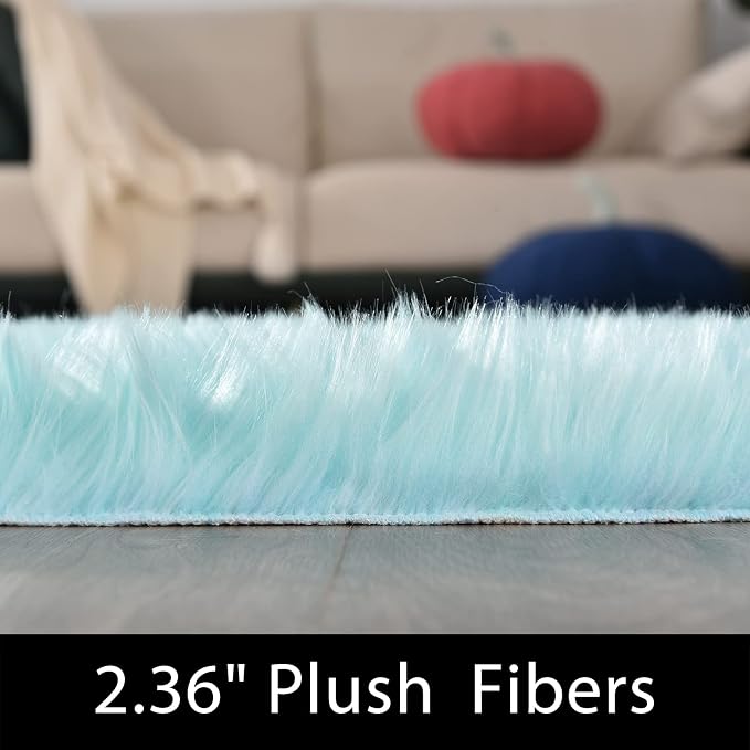 Latepis High Pile Faux Fur Area Rug, 4x6 ft, Light Blue, Living Room, Bedroom - Image 2