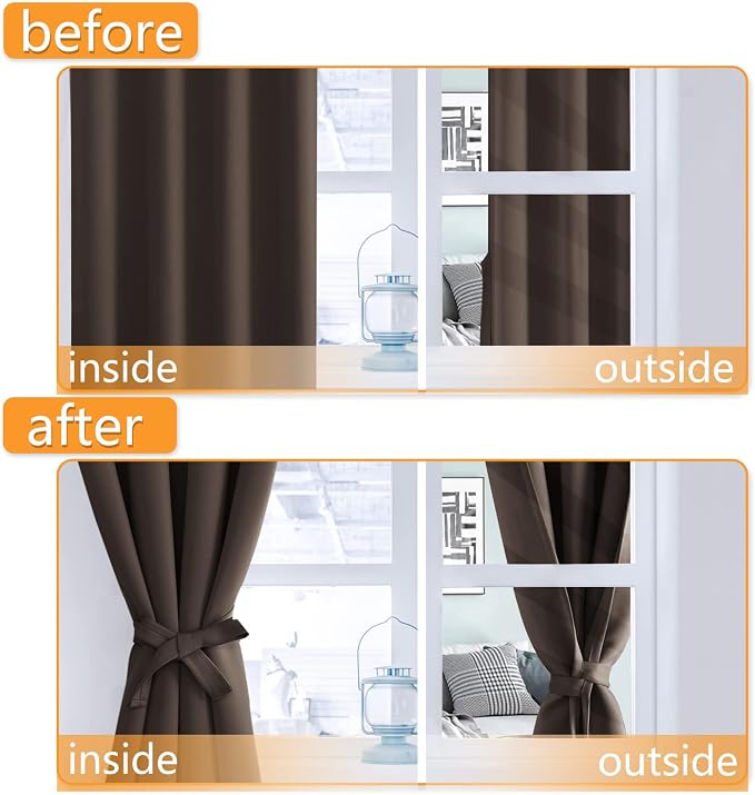 Blackout Curtains for Bedroom, 52 x 63 Inches Length Brown 2 Panels | Thermal - Image 4