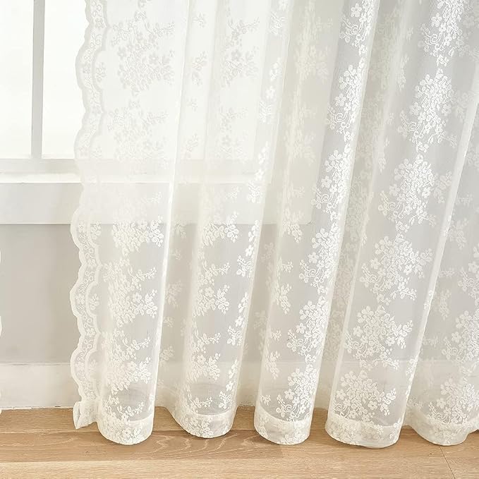 YJ YANJUN Vintage Lace Curtains 80 Inch Length Victorian Floral Cream Sheer - Image 4
