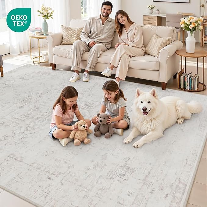8x10 Area Rugs Living Room: Bedroom Washable Carpet Neutral Cream | Large - Image 7