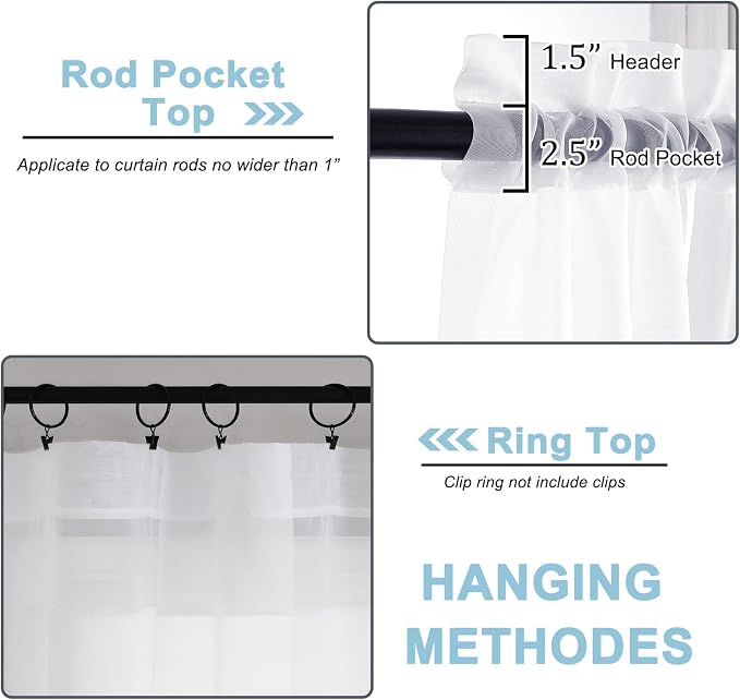 Sheer White Curtains, Sheer Curtains 63 inch Length 2 Panels Set, Rod Pocket - Image 4