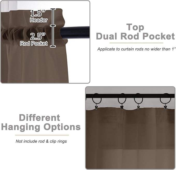 Sheer Chocolate Curtains for Bedroom Living Room 54 Inch Length 2 Panels Set - Image 4
