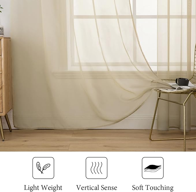 MIULEE 2 Panels Sheer Curtains for Living Room 54 X 96 Inches Beige | Window - Image 4