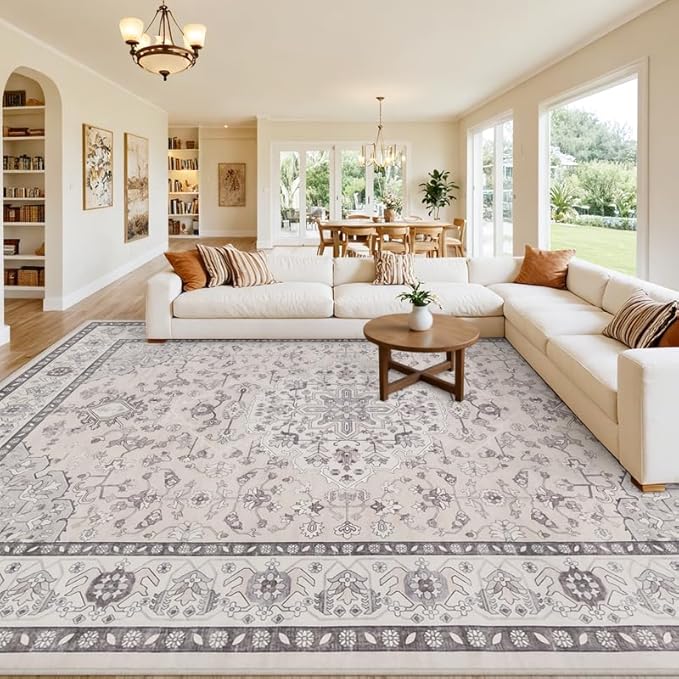 8x10 Area Rugs Living Room: Bedroom Washable Carpet Beige & Grey | Large - Image 8