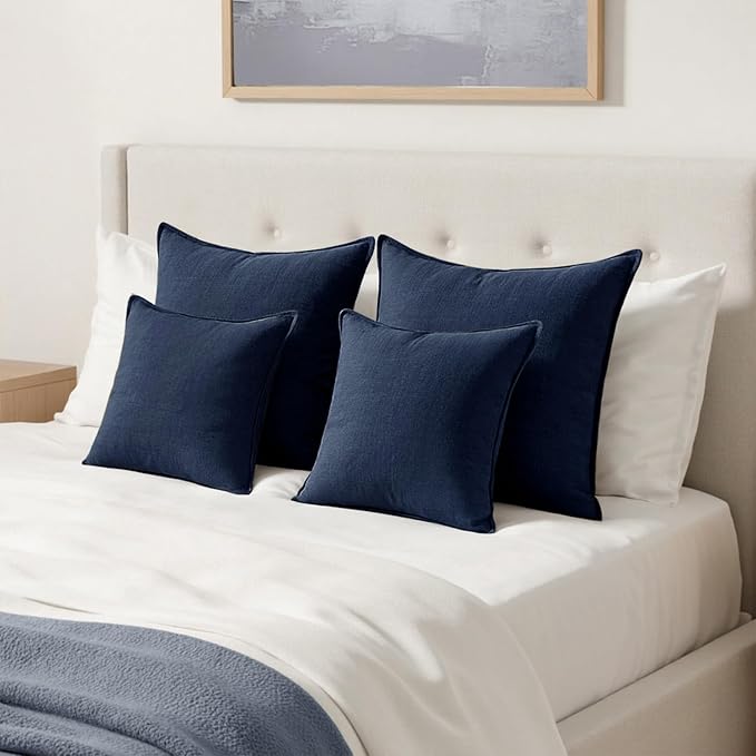 MIULEE Decorative Linen Pillow Covers 24x24 Inch Navy Blue | Boho Farmhouse​ - Image 4
