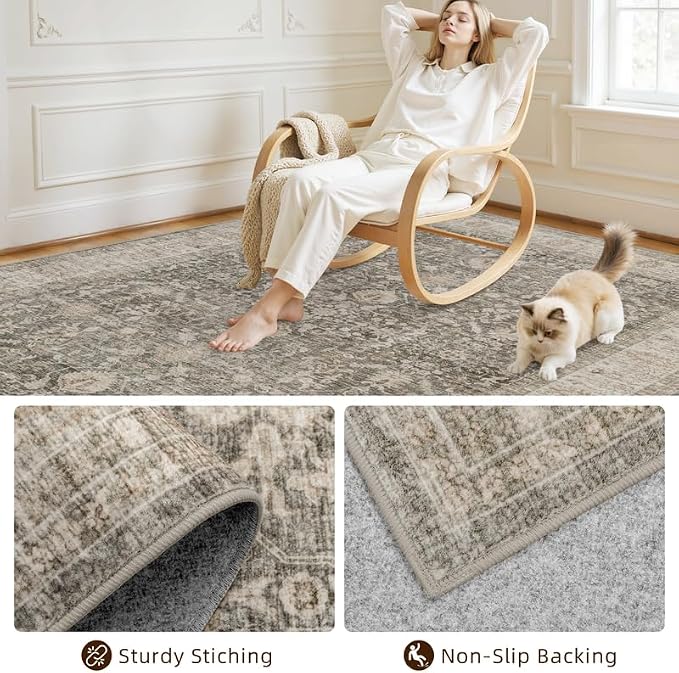 5x7 Area Rugs Living Room: Bedroom Washable Carpet Warm Taupe | Large Vintage - Image 4