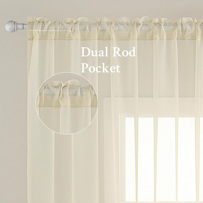 MIULEE Light Cream Sheer Curtains 54 X 63 Inches, 2 Panels | Solid Color - Image 2