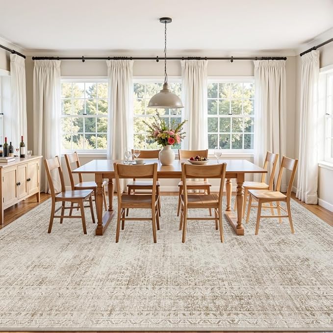 Area Rugs 9x12 Living Room: Bedroom Neutral Washable Carpet Brown | Vintage - Image 3