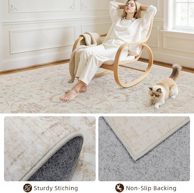 6x9 Area Rugs Living Room: Bedroom Washable Carpet Warm Beige | Vintage Boho - Image 4