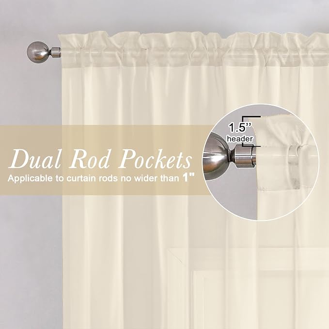 Cream Sheer Curtains 108 Inches Long 2 Pcs, Dual Rod Pocket Home Decor Living - Image 6
