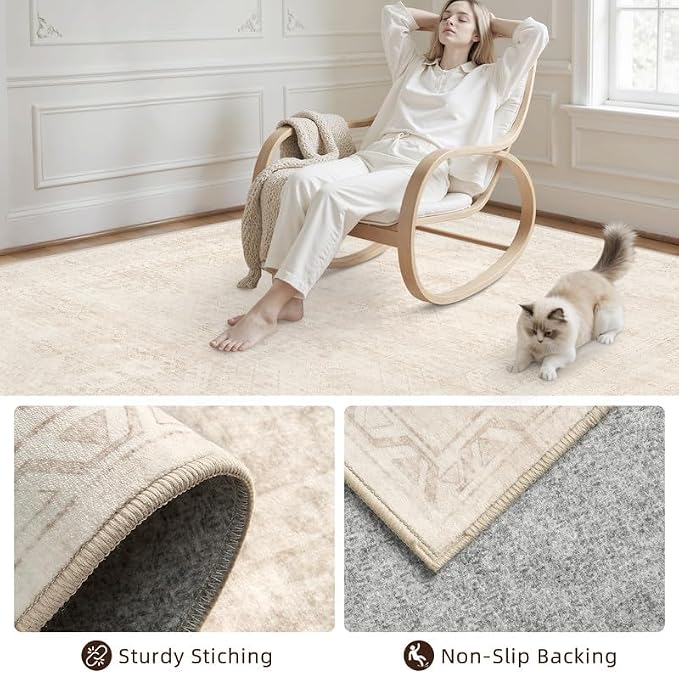 Washable Area Rugs 2x3: Neutral Living Room Bedroom Carpet Beige | Vintage Boho - Image 7