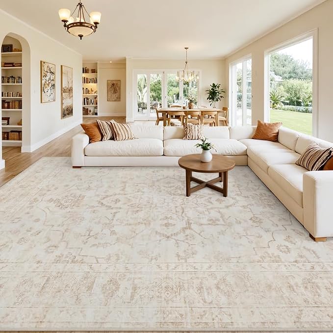 8x10 Area Rugs Living Room: Bedroom Washable Carpet Warm Beige | Vintage Boho - Image 8