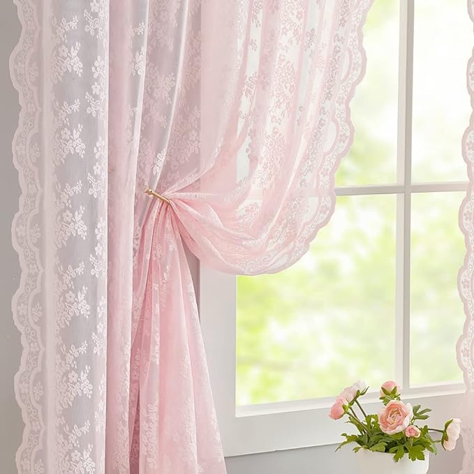 YJ YANJUN Vintage Lace Curtains Elegant Floral Pink Sheer French Door Curtains by YJYANJUN