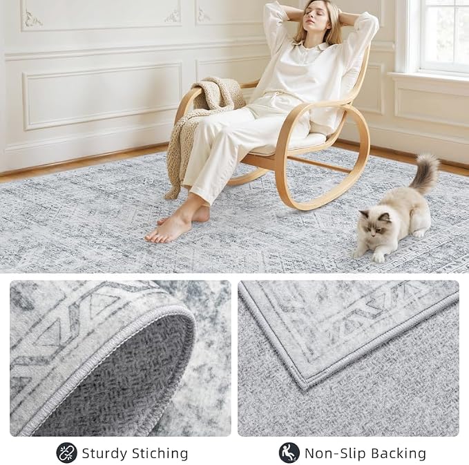 Round Area Rug Living Room: 6ft Neutral Washable Carpet Rug Gray | Vintage Boho - Image 7