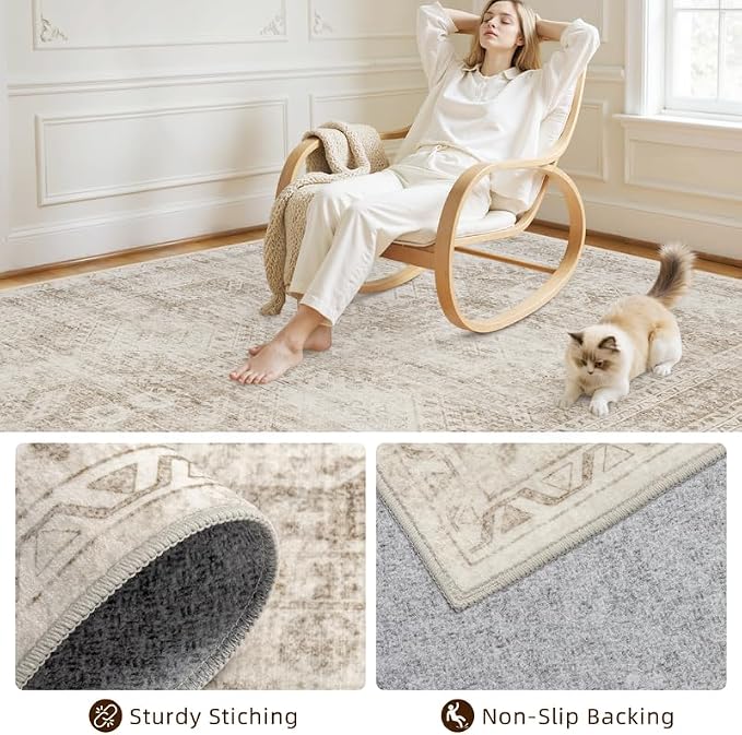 Area Rugs 9x12 Living Room: Bedroom Neutral Washable Carpet Brown | Vintage - Image 4