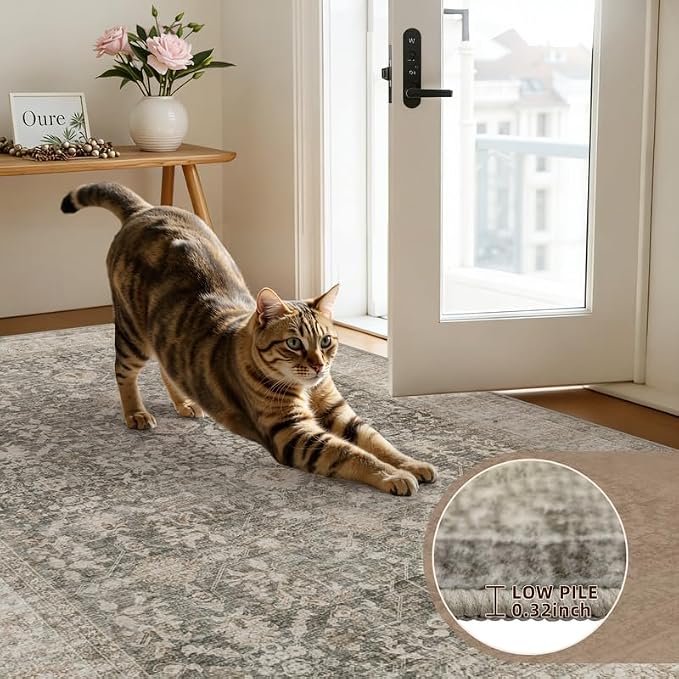 8x10 Area Rugs Living Room: Bedroom Washable Carpet Warm Taupe | Large Vintage - Image 9