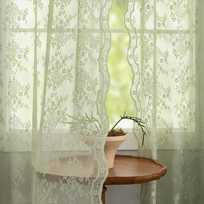 YJ YANJUN Vintage Lace Curtains 54 Inch Length-Victorian Floral Pattern Sage - Image 3