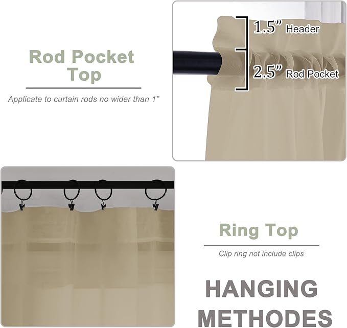 Sheer Taupe Curtains, Sheer Curtains 63 inch Length 2 Panels Set, Rod Pocket - Image 4