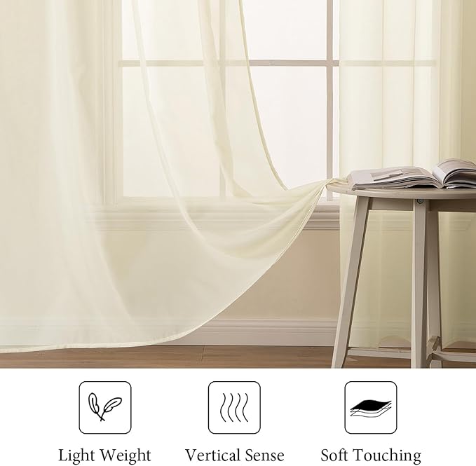 MIULEE Light Cream Sheer Curtains 54 X 63 Inches, 2 Panels | Solid Color - Image 4