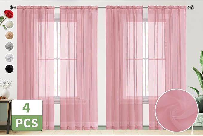 SpaceDresser Sheer Blush Curtains 4 Panels Rod Pocket Semi-Sheer Curtain 108 - Image 2