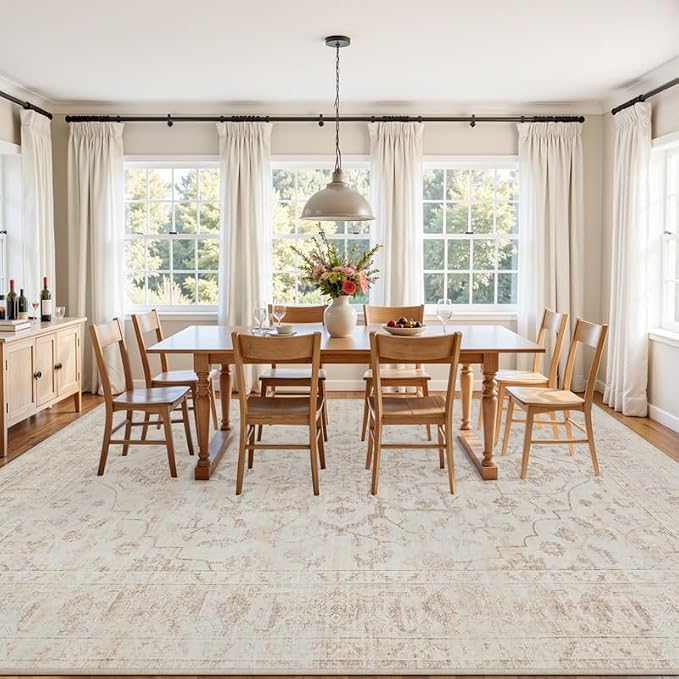 8x10 Area Rugs Living Room: Bedroom Washable Carpet Warm Beige | Vintage Boho - Image 3