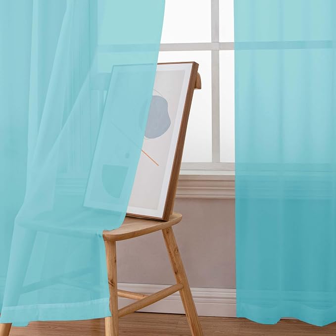 Simplebrand Aqua Sheer Curtains 63 Inch Length 2 Panels, Rod Pocket Solid Color - Image 4