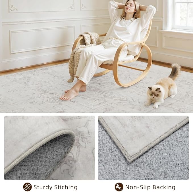 Area Rugs 9x12 Living Room: Bedroom Washable Carpet Neutral Cream | Large - Image 4
