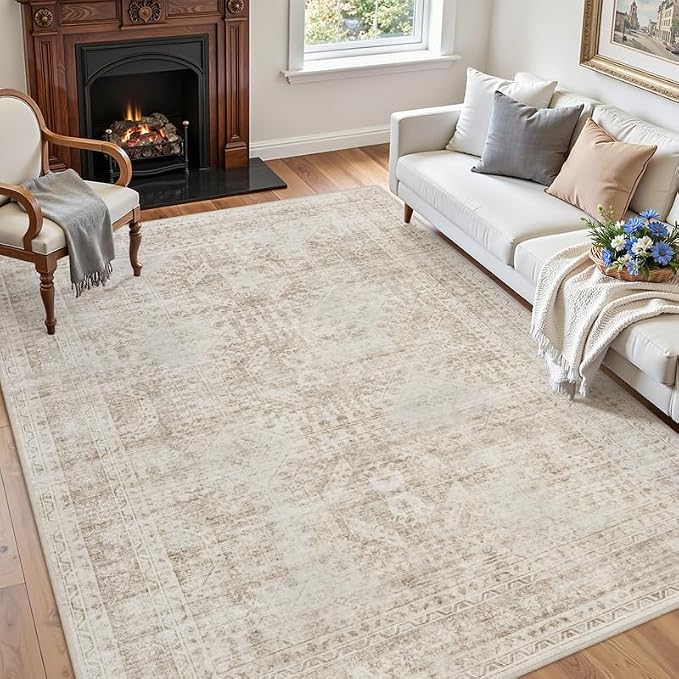 6x9 Area Rugs Living Room: Bedroom Neutral Washable Carpet Brown | Vintage Boho - Image 3