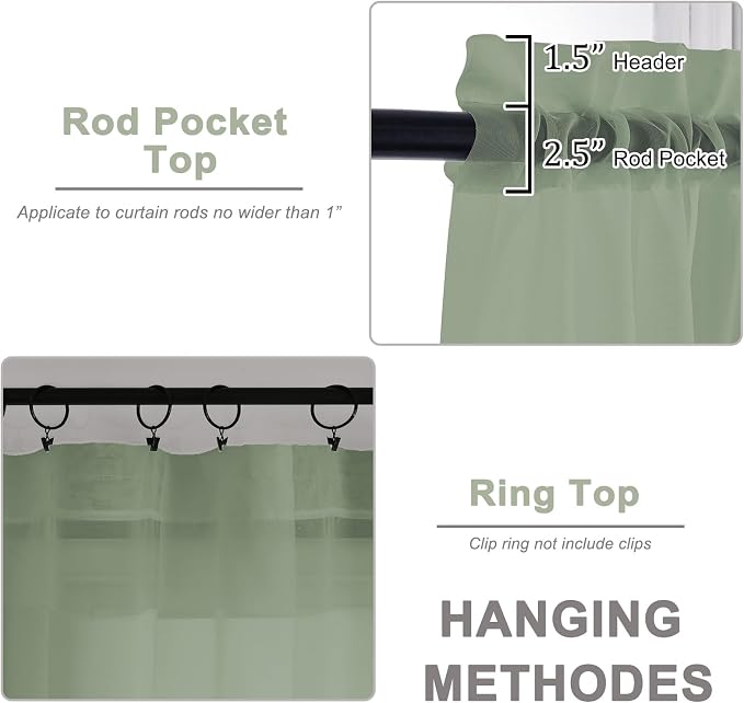 Sage Green Sheer Curtains, Sheer Curtains 96 inches Long 2 Panels Set, Rod - Image 4